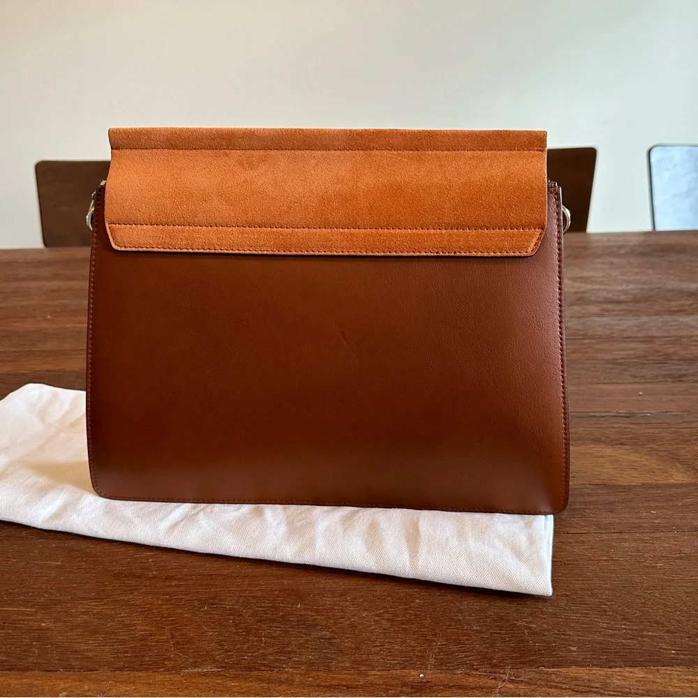 Chloé Faye Brown Leather & Suede Shoulder Bag Ring Chain Crossbody w/ Dust Bag